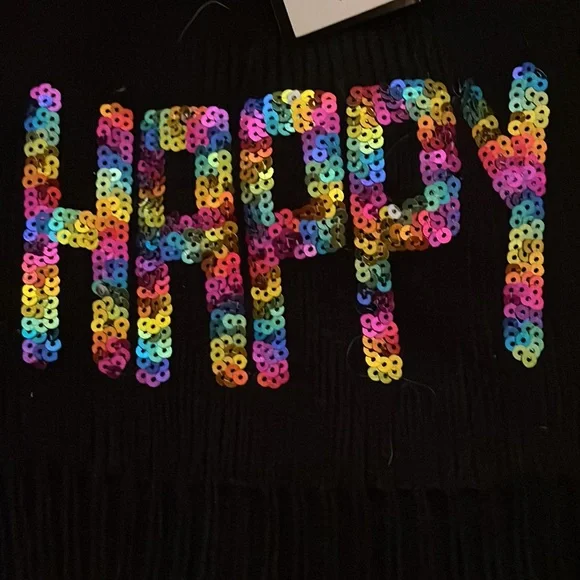 NWT black knitted cap with blue pom pom and Sequined HAPPY - Picture 2 of 4